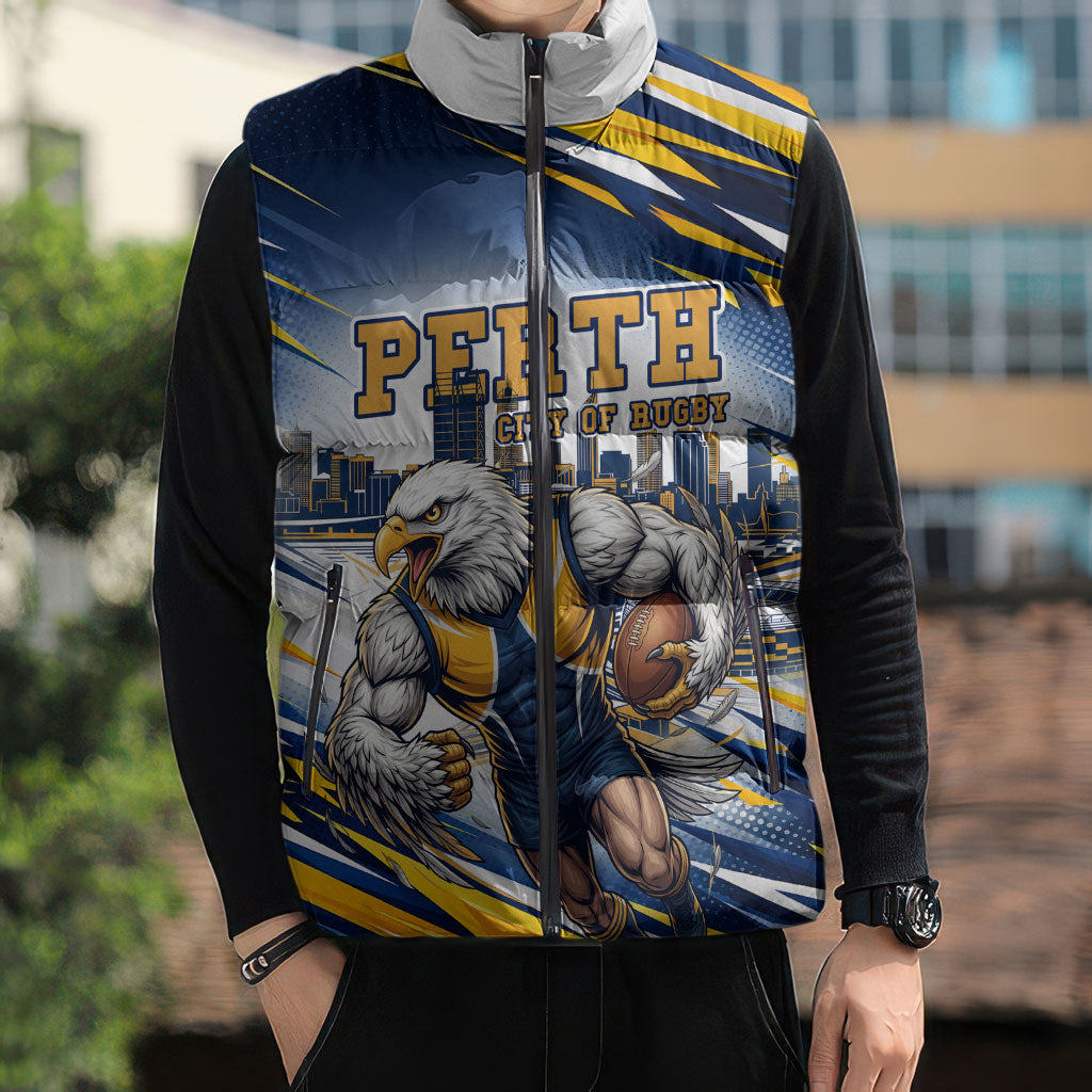 Personalised West Coast Eagles Fan Pride Sleeveless Puffer Jacket Muscular Eagle Mascot Graphic Art With Perth City Skyline