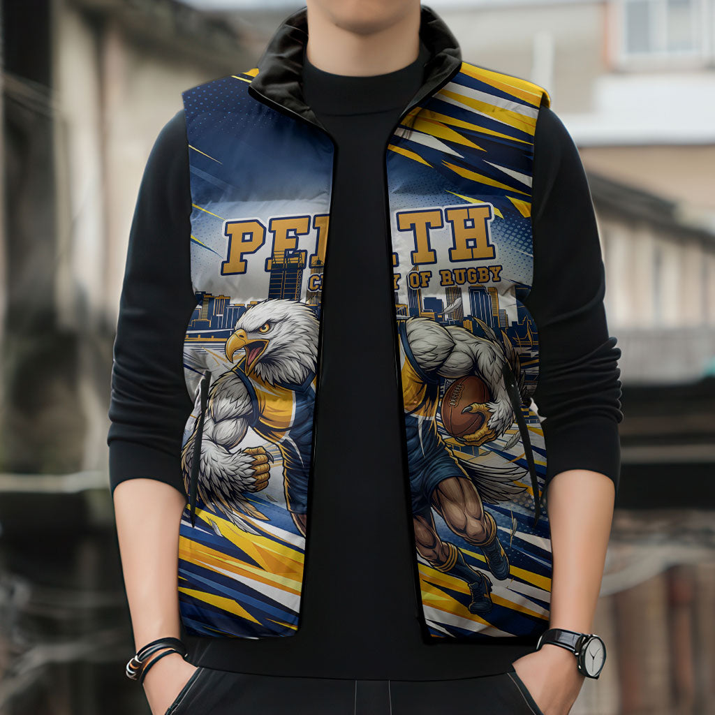 Personalised West Coast Eagles Fan Pride Sleeveless Puffer Jacket Muscular Eagle Mascot Graphic Art With Perth City Skyline