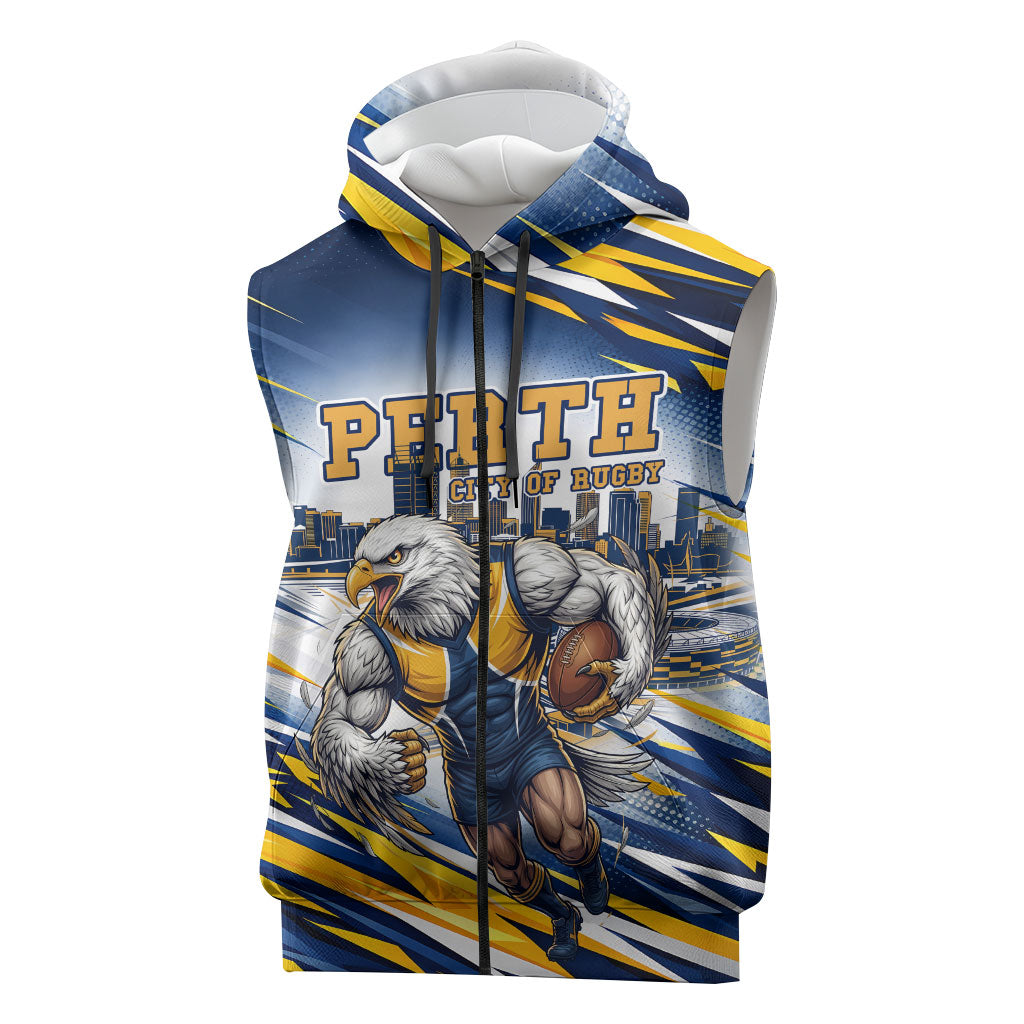 Personalised West Coast Eagles Fan Pride Sleeveless Zip Hoodie Muscular Eagle Mascot Graphic Art With Perth City Skyline