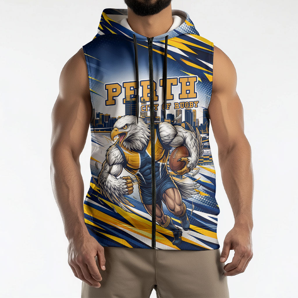 Personalised West Coast Eagles Fan Pride Sleeveless Zip Hoodie Muscular Eagle Mascot Graphic Art With Perth City Skyline