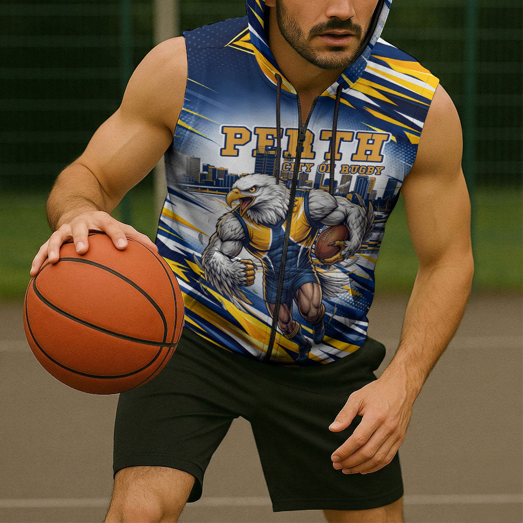 Personalised West Coast Eagles Fan Pride Sleeveless Zip Hoodie Muscular Eagle Mascot Graphic Art With Perth City Skyline