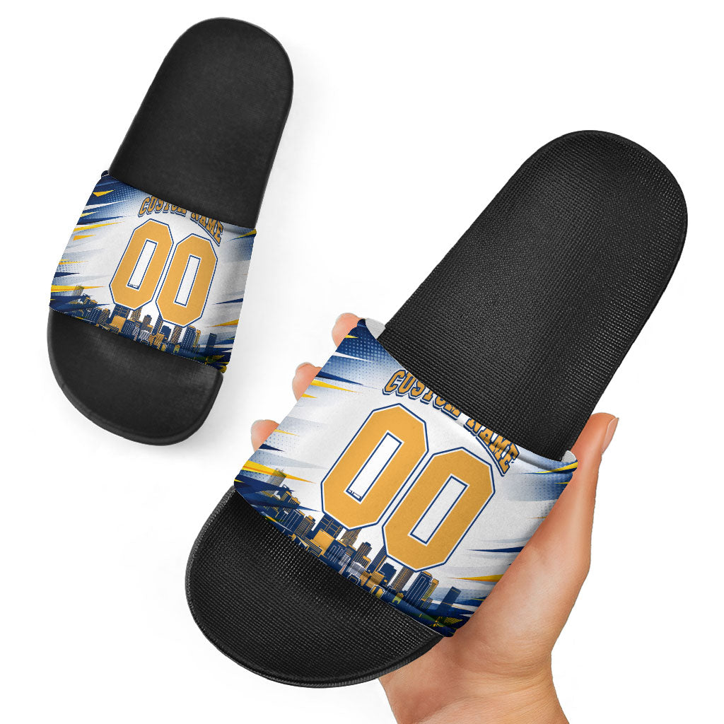 Personalised West Coast Eagles Fan Pride Slide Sandals Muscular Eagle Mascot Graphic Art With Perth City Skyline
