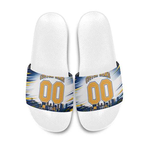 Personalised West Coast Eagles Fan Pride Slide Sandals Muscular Eagle Mascot Graphic Art With Perth City Skyline