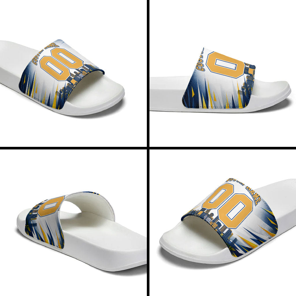 Personalised West Coast Eagles Fan Pride Slide Sandals Muscular Eagle Mascot Graphic Art With Perth City Skyline