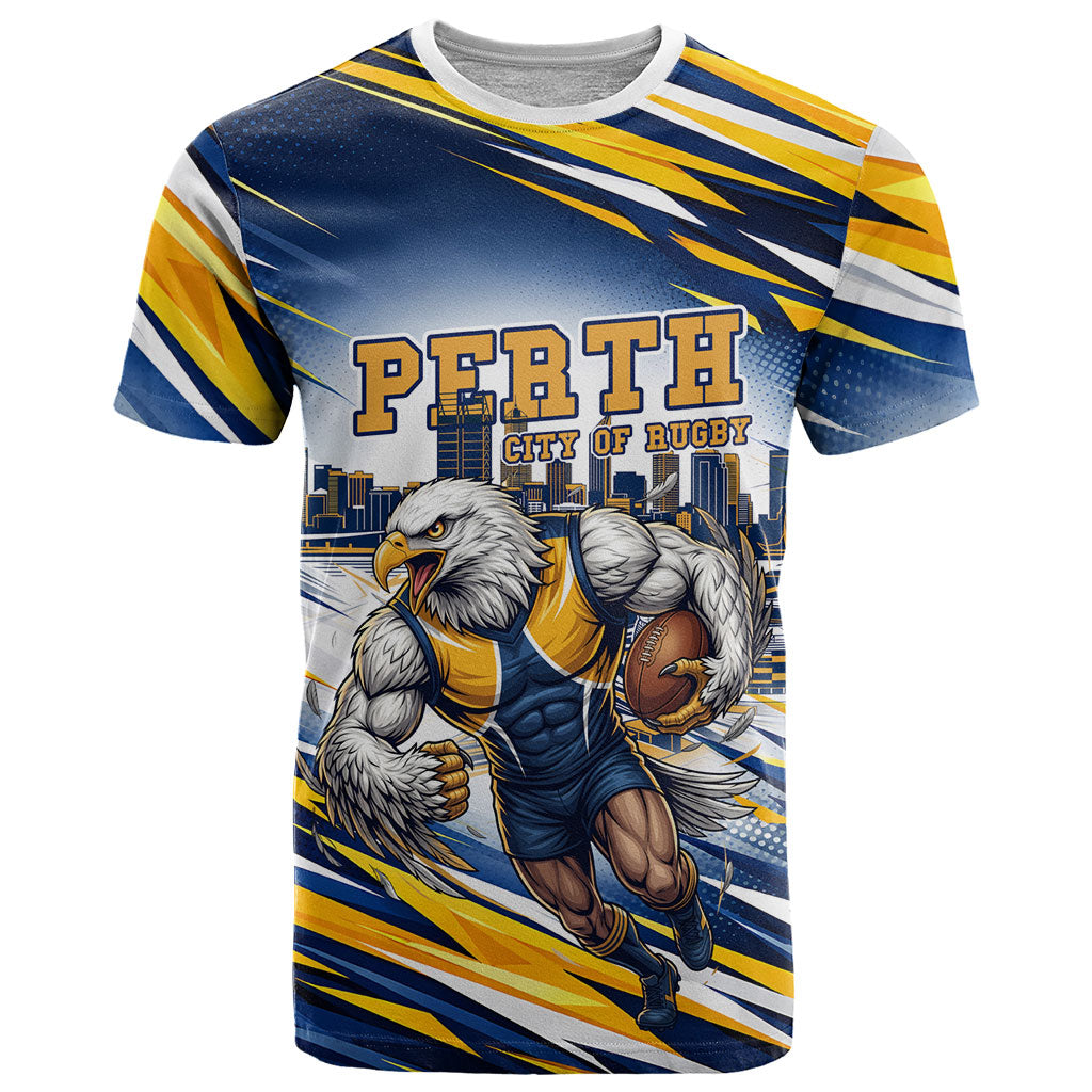 Personalised West Coast Eagles Fan Pride T Shirt Muscular Eagle Mascot Graphic Art With Perth City Skyline