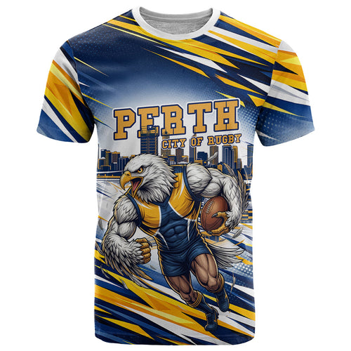 Personalised West Coast Eagles Fan Pride T Shirt Muscular Eagle Mascot Graphic Art With Perth City Skyline