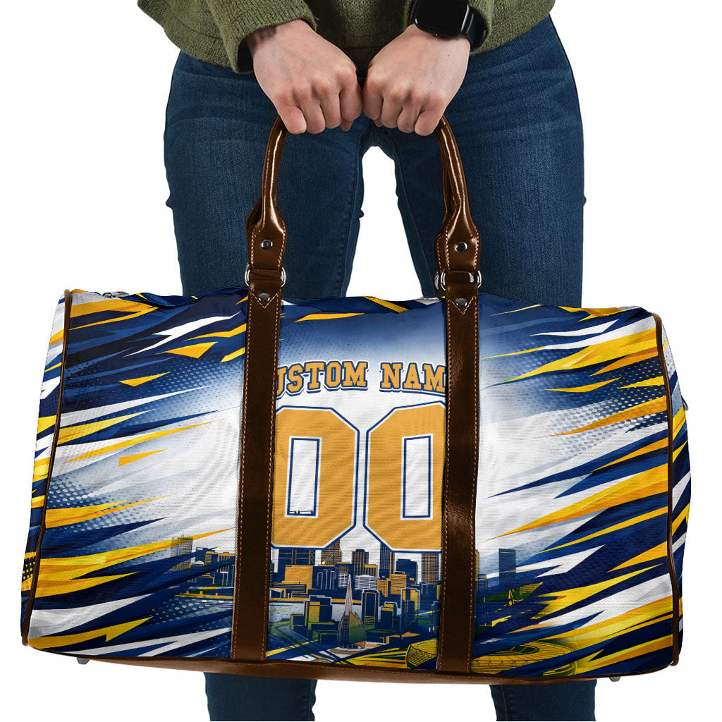 Personalised West Coast Eagles Fan Pride Travel Bag Muscular Eagle Mascot Graphic Art With Perth City Skyline