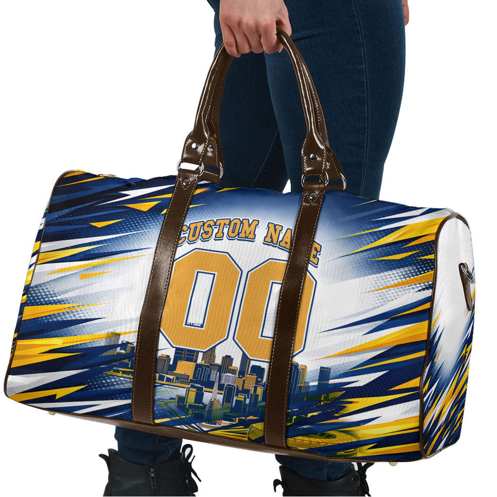 Personalised West Coast Eagles Fan Pride Travel Bag Muscular Eagle Mascot Graphic Art With Perth City Skyline