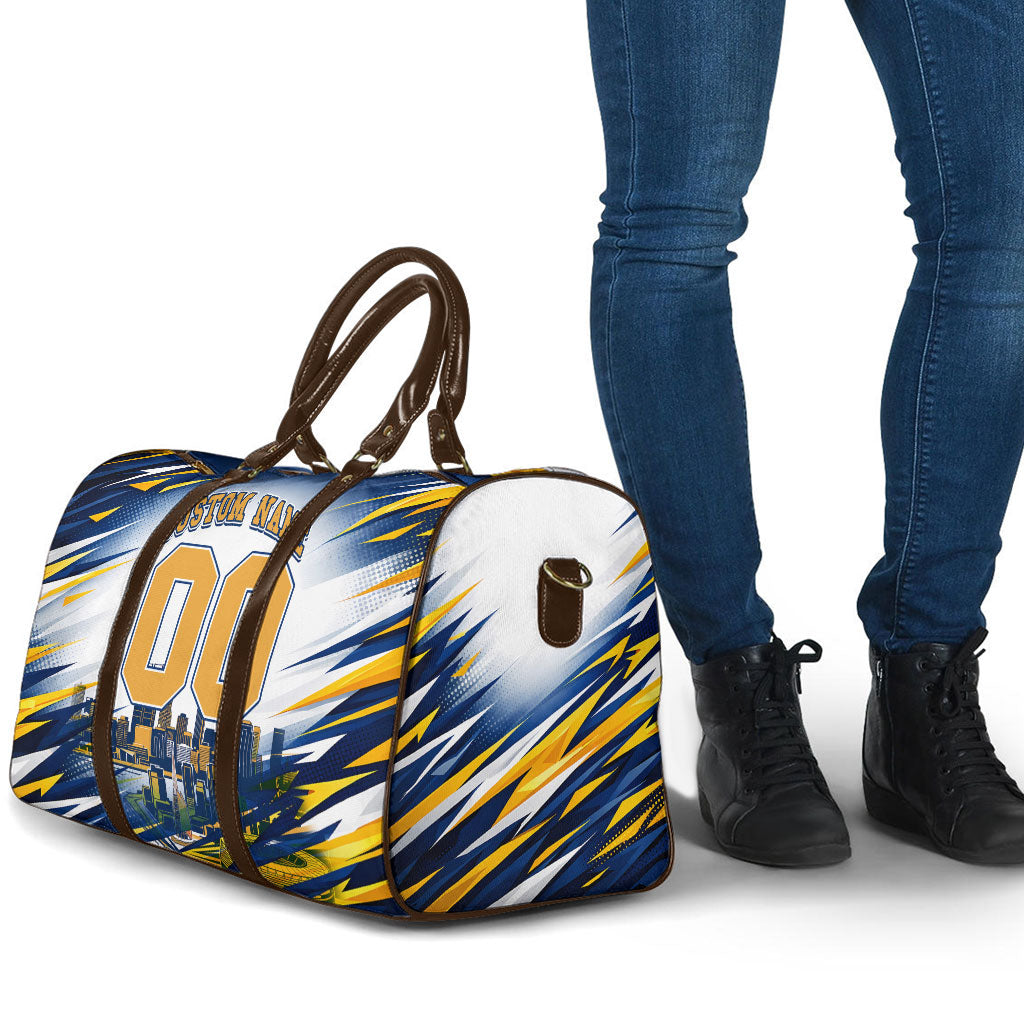 Personalised West Coast Eagles Fan Pride Travel Bag Muscular Eagle Mascot Graphic Art With Perth City Skyline