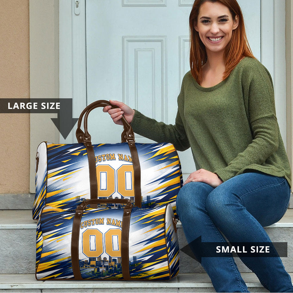 Personalised West Coast Eagles Fan Pride Travel Bag Muscular Eagle Mascot Graphic Art With Perth City Skyline