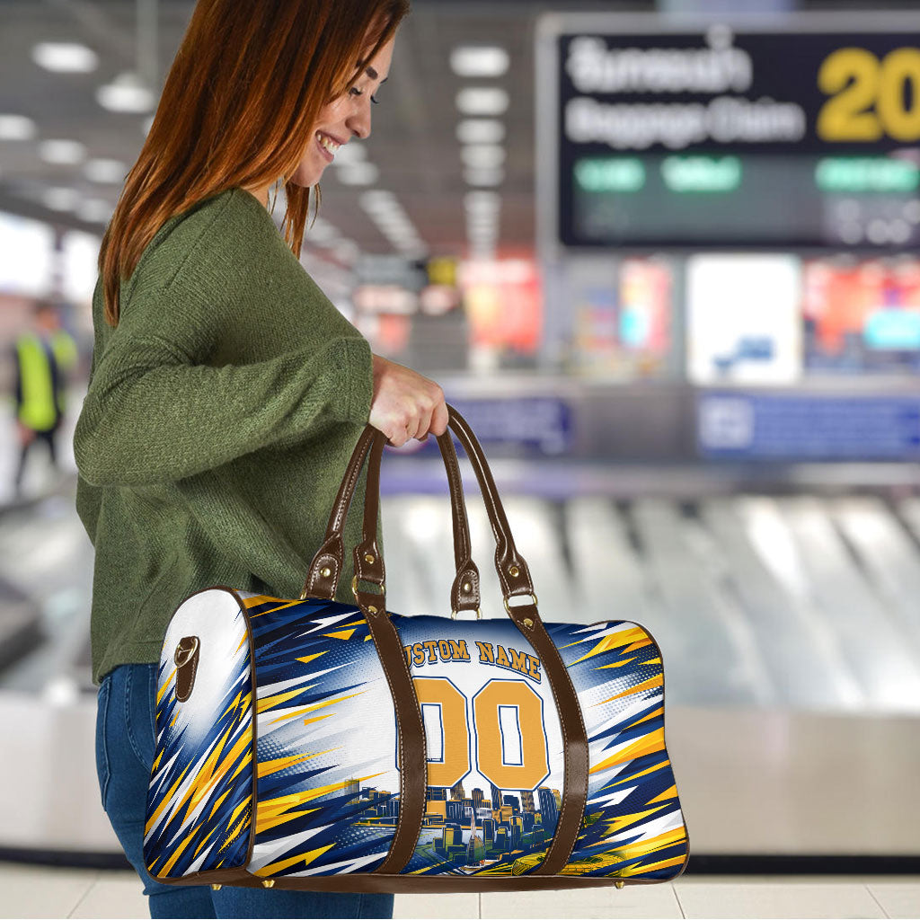 Personalised West Coast Eagles Fan Pride Travel Bag Muscular Eagle Mascot Graphic Art With Perth City Skyline