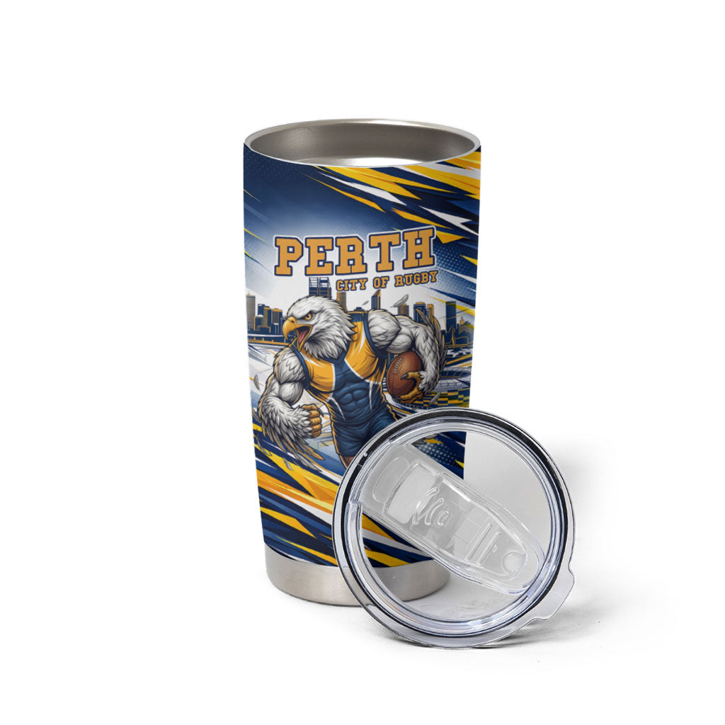 Personalised West Coast Eagles Fan Pride Tumbler Cup Muscular Eagle Mascot Graphic Art With Perth City Skyline