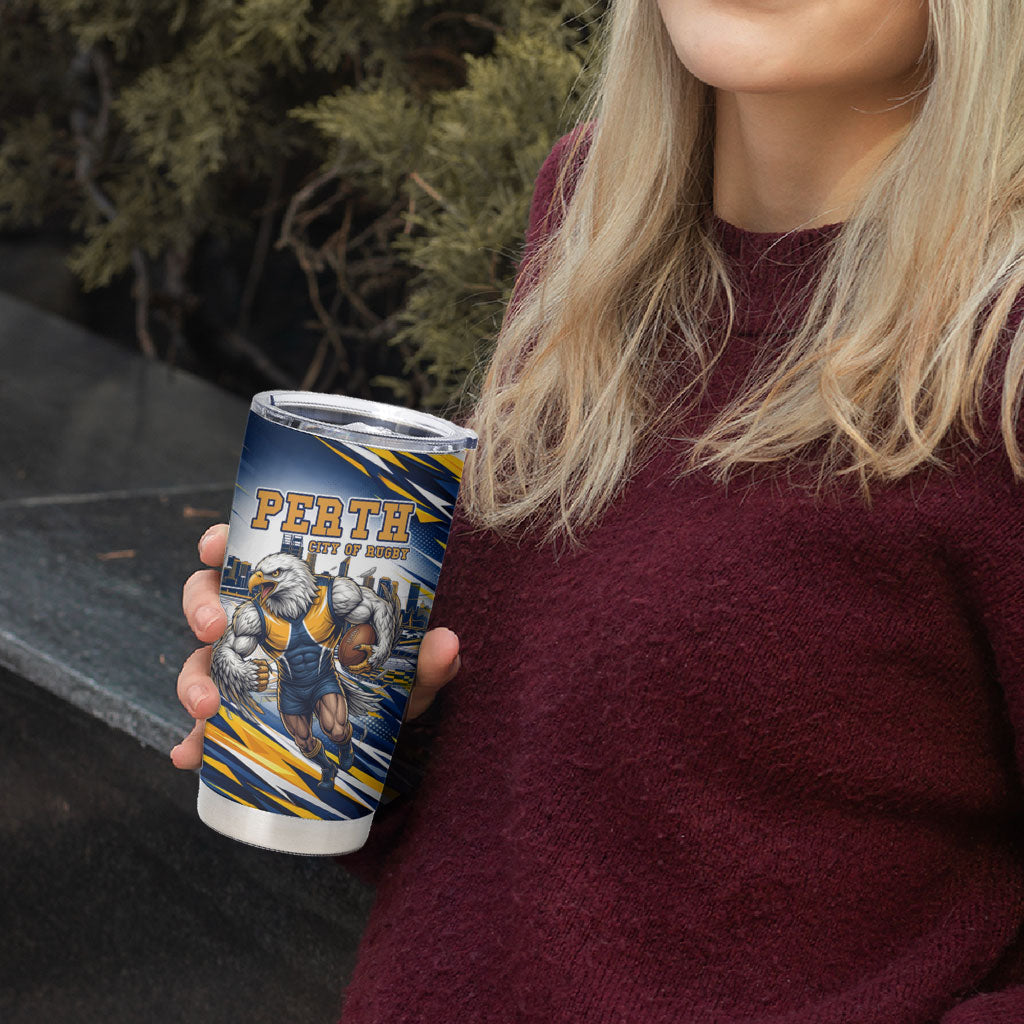 Personalised West Coast Eagles Fan Pride Tumbler Cup Muscular Eagle Mascot Graphic Art With Perth City Skyline