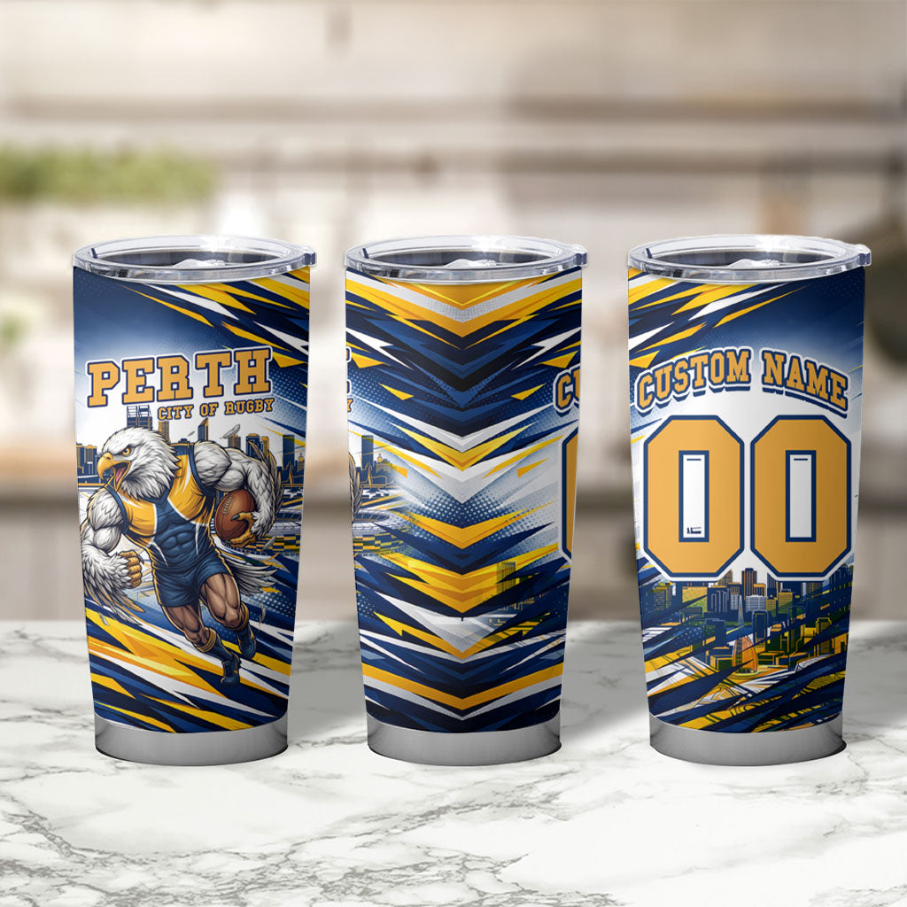 Personalised West Coast Eagles Fan Pride Tumbler Cup Muscular Eagle Mascot Graphic Art With Perth City Skyline