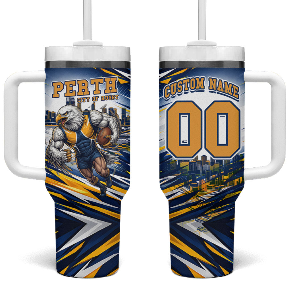 Personalised West Coast Eagles Fan Pride Tumbler With Handle Muscular Eagle Mascot Graphic Art With Perth City Skyline