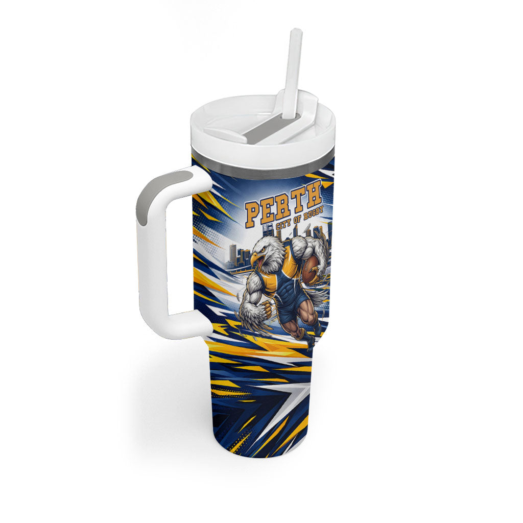 Personalised West Coast Eagles Fan Pride Tumbler With Handle Muscular Eagle Mascot Graphic Art With Perth City Skyline