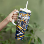 Personalised West Coast Eagles Fan Pride Tumbler With Handle Muscular Eagle Mascot Graphic Art With Perth City Skyline