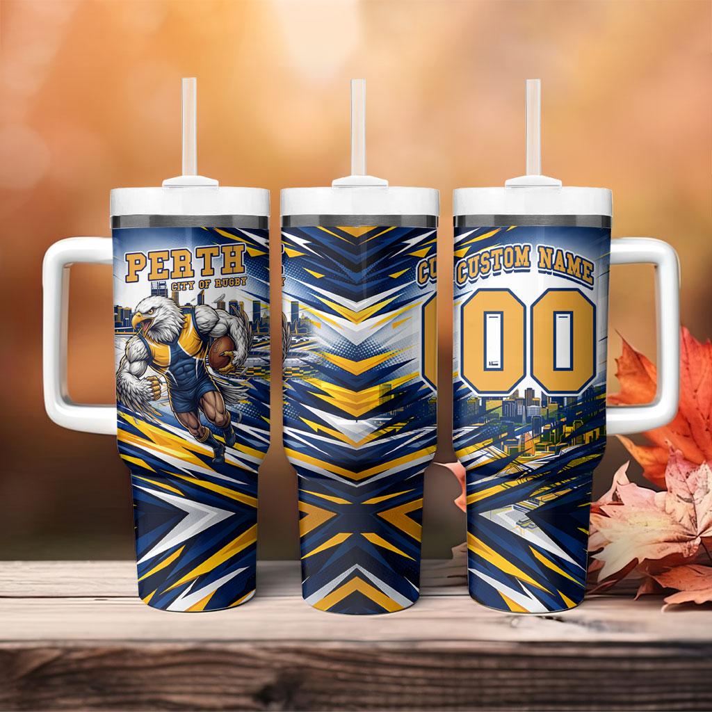 Personalised West Coast Eagles Fan Pride Tumbler With Handle Muscular Eagle Mascot Graphic Art With Perth City Skyline