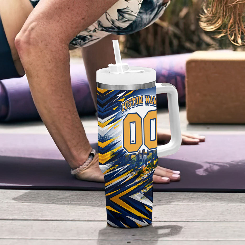 Personalised West Coast Eagles Fan Pride Tumbler With Handle Muscular Eagle Mascot Graphic Art With Perth City Skyline