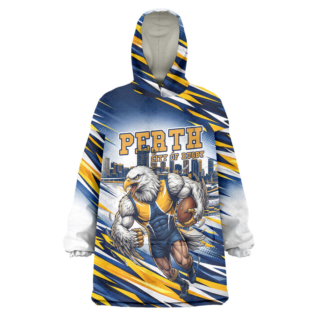 Personalised West Coast Eagles Fan Pride Wearable Blanket Hoodie Muscular Eagle Mascot Graphic Art With Perth City Skyline