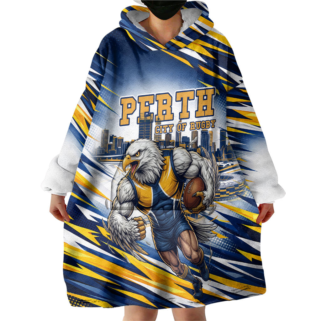 Personalised West Coast Eagles Fan Pride Wearable Blanket Hoodie Muscular Eagle Mascot Graphic Art With Perth City Skyline