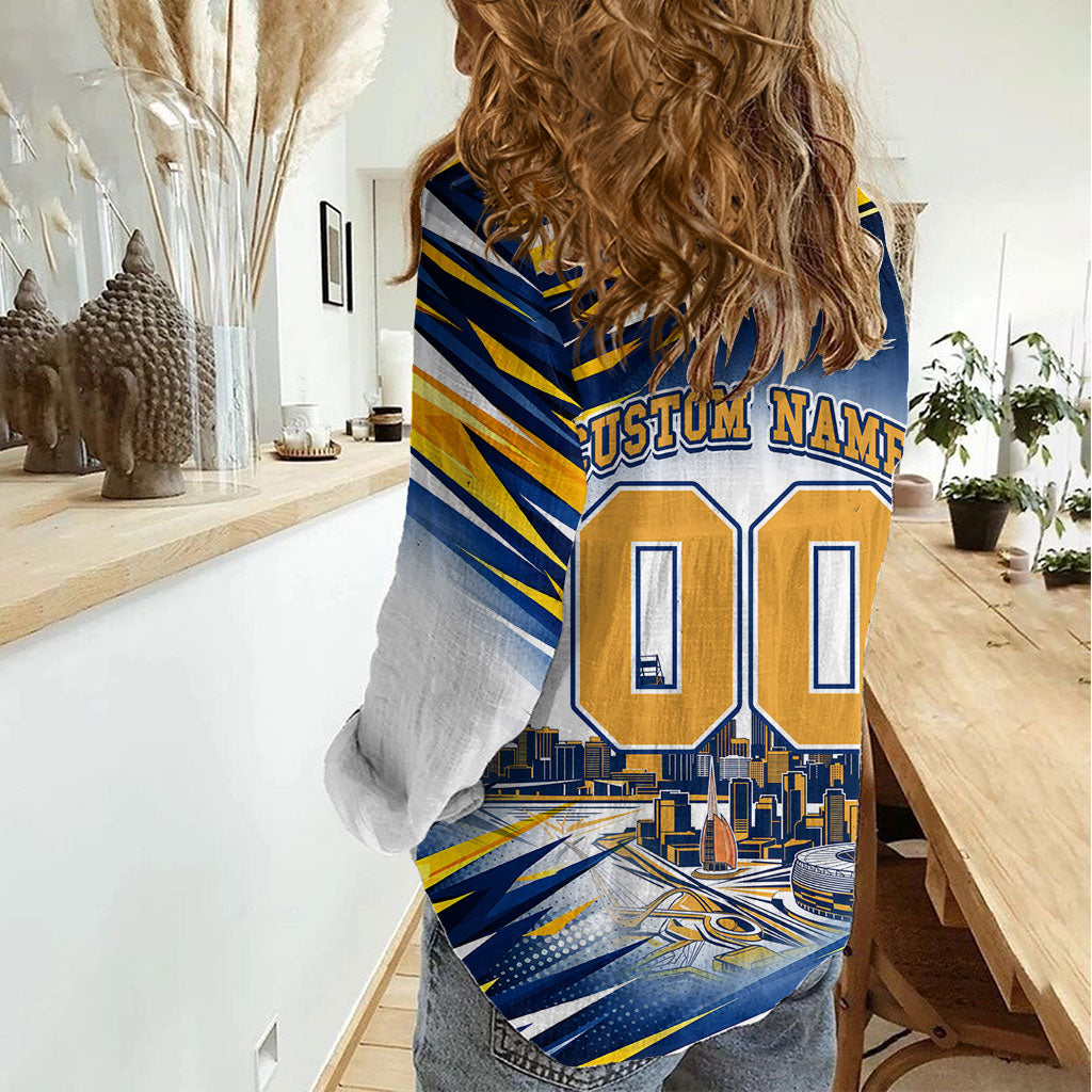 Personalised West Coast Eagles Fan Pride Women Casual Shirt Muscular Eagle Mascot Graphic Art With Perth City Skyline