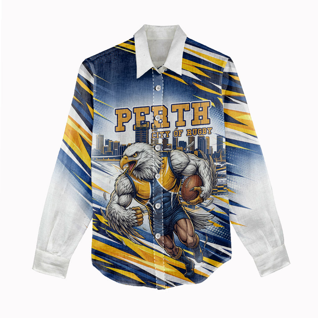 Personalised West Coast Eagles Fan Pride Women Casual Shirt Muscular Eagle Mascot Graphic Art With Perth City Skyline