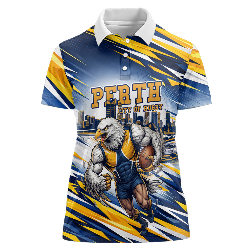 Personalised West Coast Eagles Fan Pride Women Polo Shirt Muscular Eagle Mascot Graphic Art With Perth City Skyline