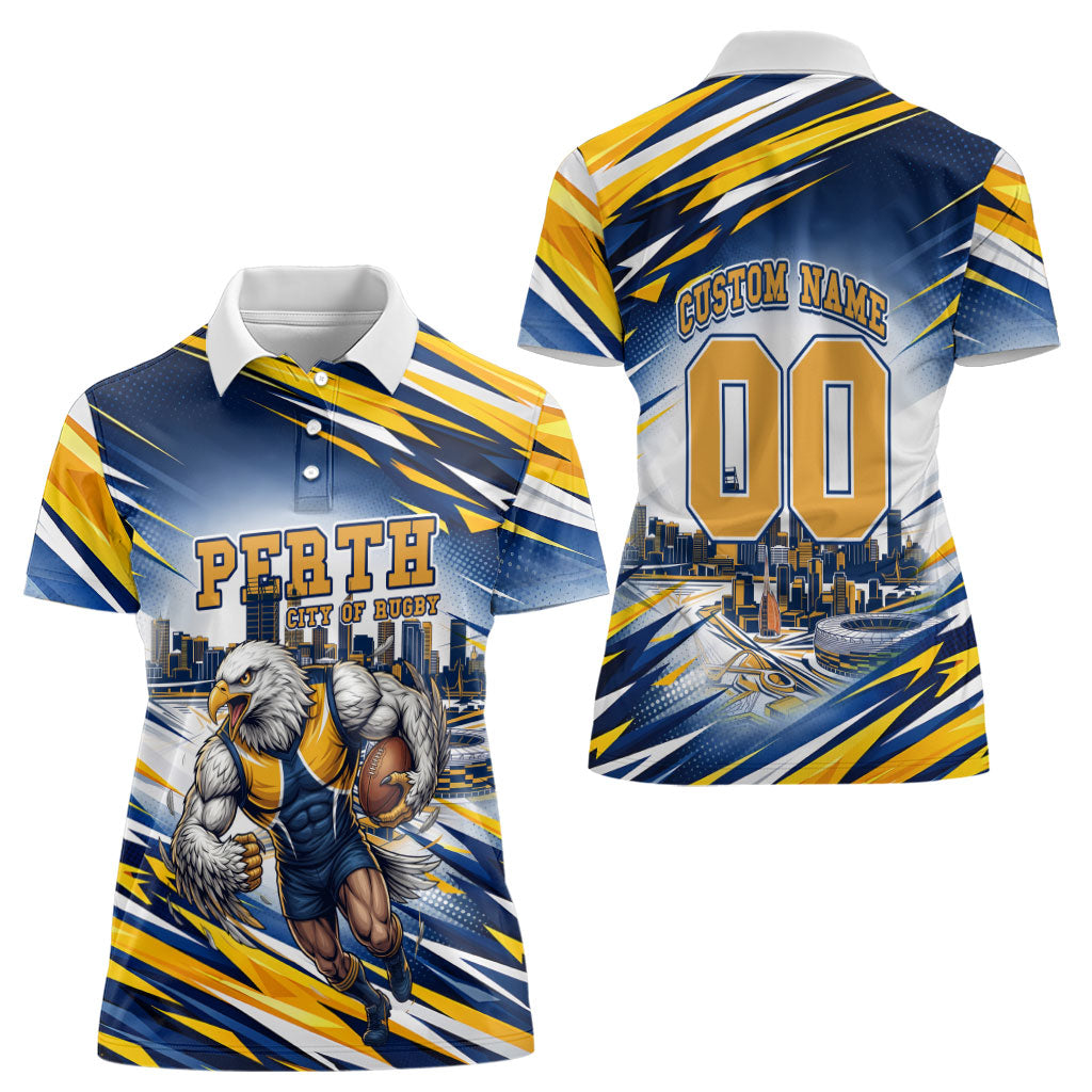 Personalised West Coast Eagles Fan Pride Women Polo Shirt Muscular Eagle Mascot Graphic Art With Perth City Skyline