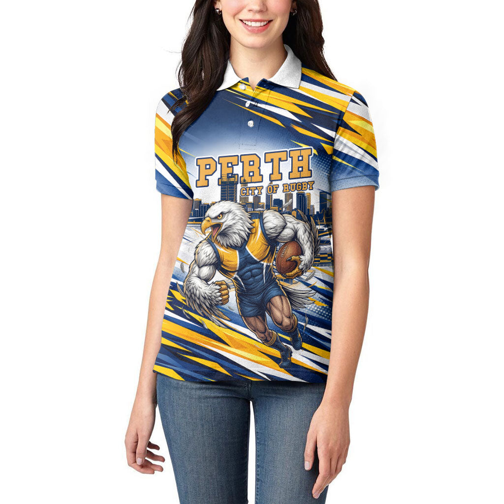 Personalised West Coast Eagles Fan Pride Women Polo Shirt Muscular Eagle Mascot Graphic Art With Perth City Skyline