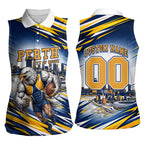 Personalised West Coast Eagles Fan Pride Women Sleeveless Polo Shirt Muscular Eagle Mascot Graphic Art With Perth City Skyline