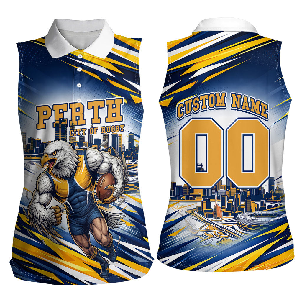 Personalised West Coast Eagles Fan Pride Women Sleeveless Polo Shirt Muscular Eagle Mascot Graphic Art With Perth City Skyline