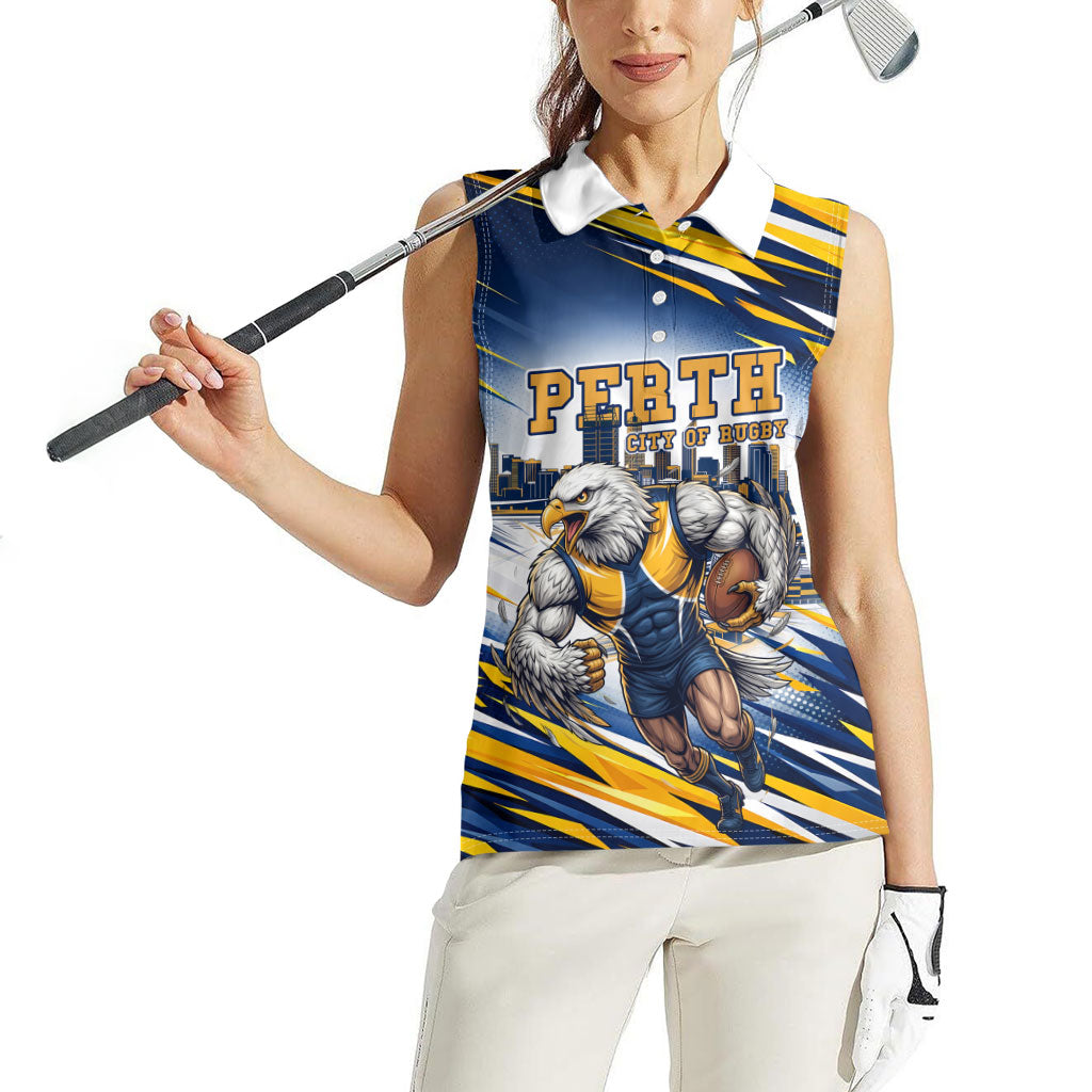 Personalised West Coast Eagles Fan Pride Women Sleeveless Polo Shirt Muscular Eagle Mascot Graphic Art With Perth City Skyline
