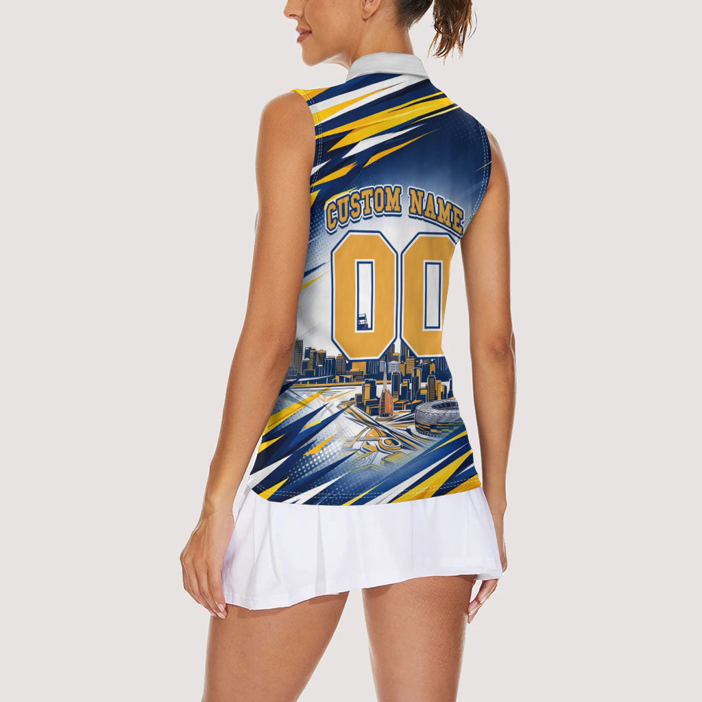 Personalised West Coast Eagles Fan Pride Women Sleeveless Polo Shirt Muscular Eagle Mascot Graphic Art With Perth City Skyline