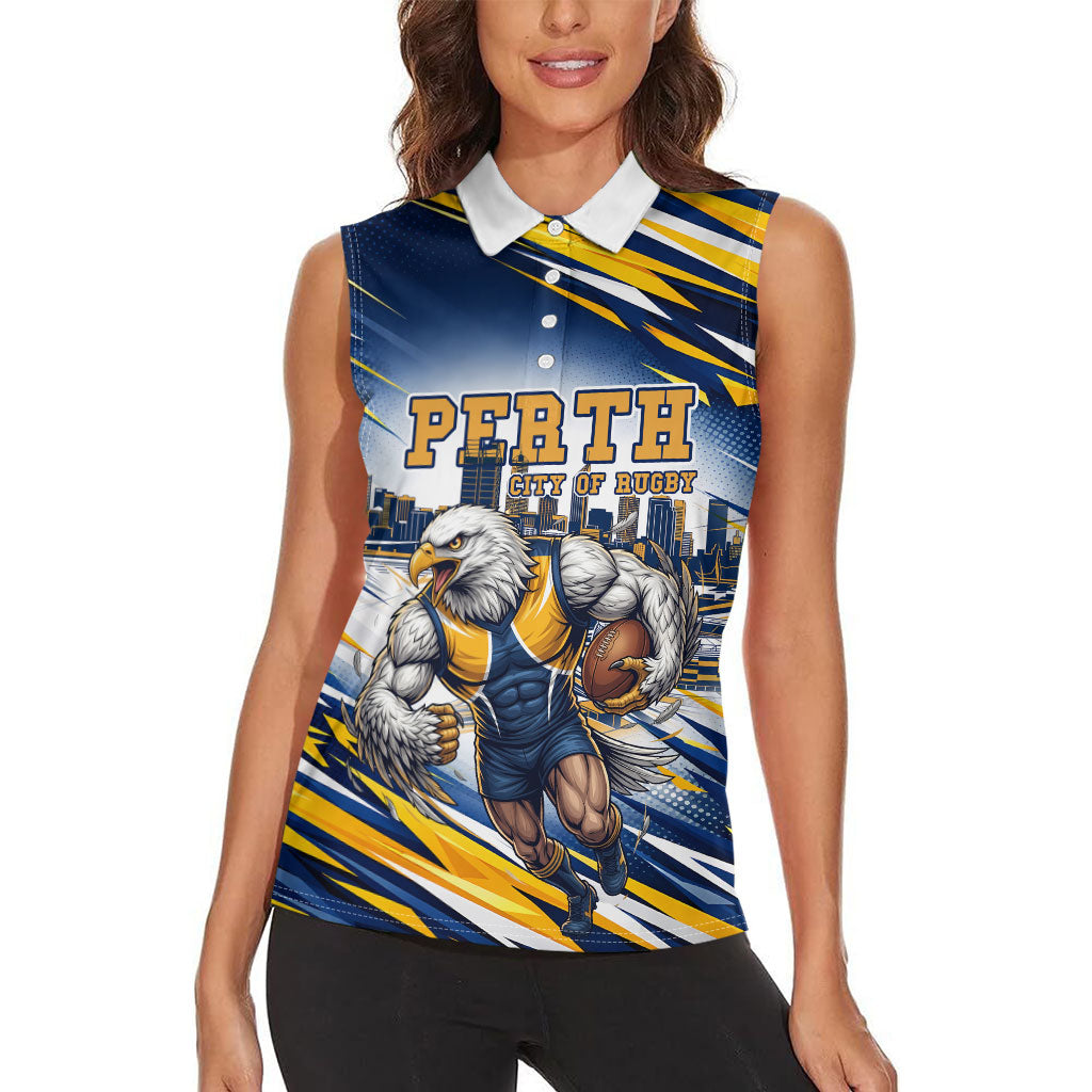 Personalised West Coast Eagles Fan Pride Women Sleeveless Polo Shirt Muscular Eagle Mascot Graphic Art With Perth City Skyline