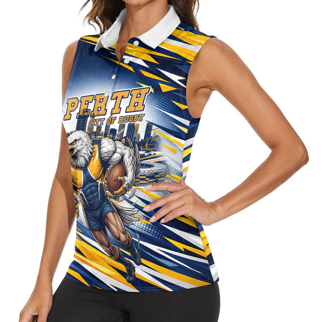 Personalised West Coast Eagles Fan Pride Women Sleeveless Polo Shirt Muscular Eagle Mascot Graphic Art With Perth City Skyline