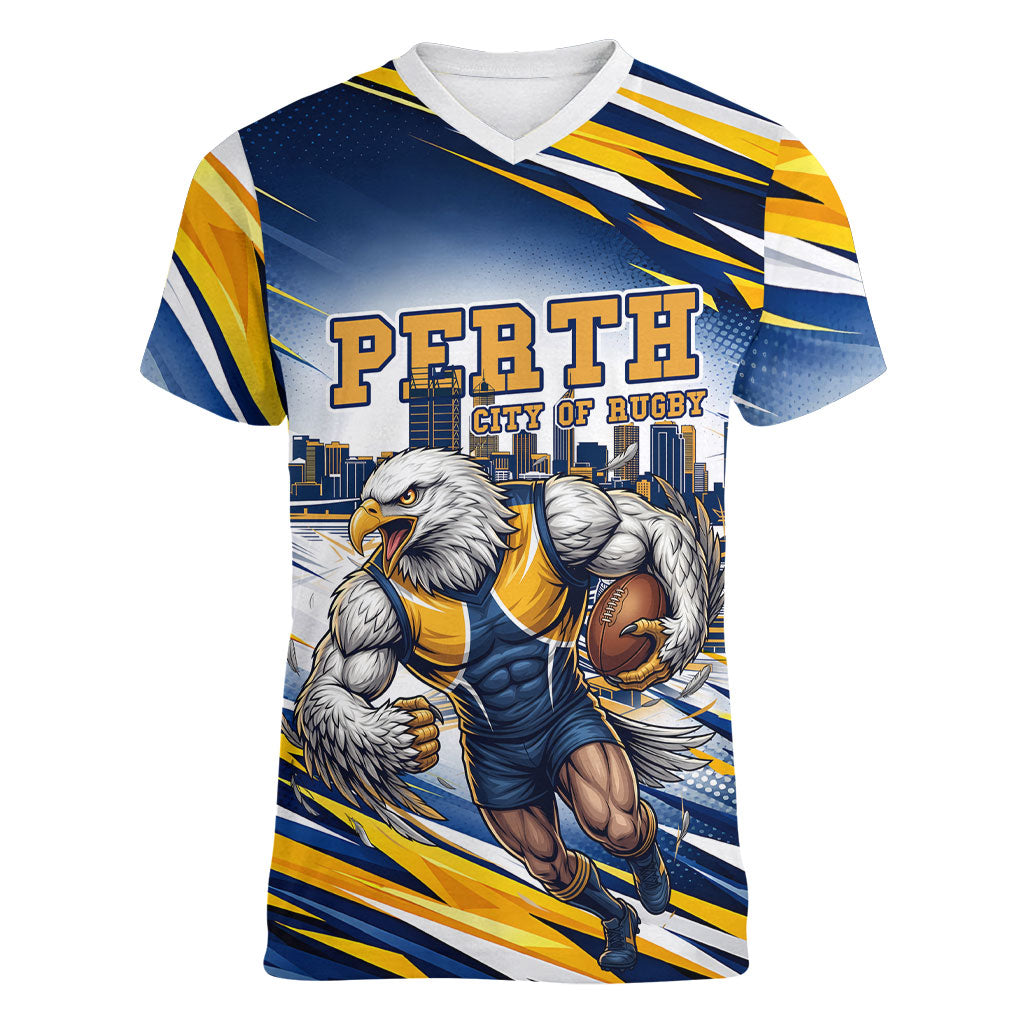 Personalised West Coast Eagles Fan Pride Women V-Neck T-Shirt Muscular Eagle Mascot Graphic Art With Perth City Skyline