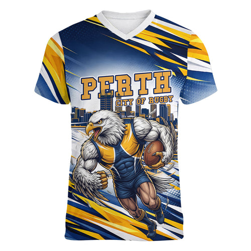 Personalised West Coast Eagles Fan Pride Women V-Neck T-Shirt Muscular Eagle Mascot Graphic Art With Perth City Skyline