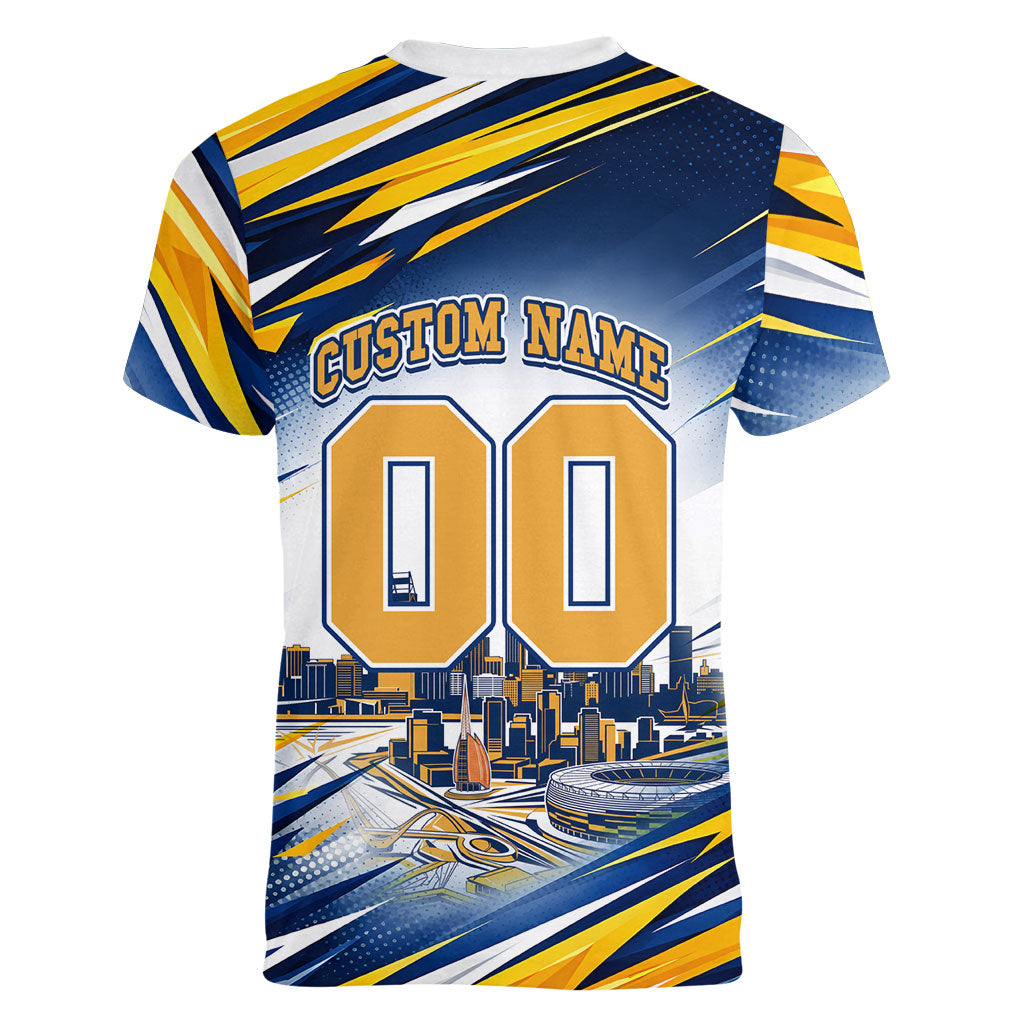 Personalised West Coast Eagles Fan Pride Women V-Neck T-Shirt Muscular Eagle Mascot Graphic Art With Perth City Skyline