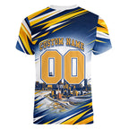 Personalised West Coast Eagles Fan Pride Women V-Neck T-Shirt Muscular Eagle Mascot Graphic Art With Perth City Skyline