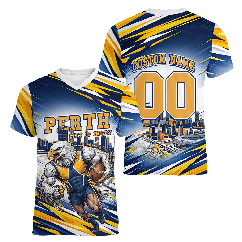 Personalised West Coast Eagles Fan Pride Women V-Neck T-Shirt Muscular Eagle Mascot Graphic Art With Perth City Skyline