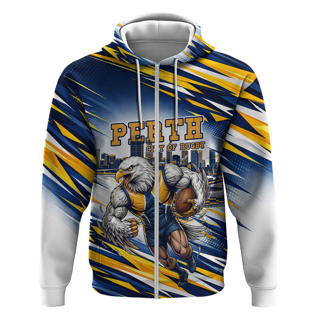 Personalised West Coast Eagles Fan Pride Zip Hoodie Muscular Eagle Mascot Graphic Art With Perth City Skyline