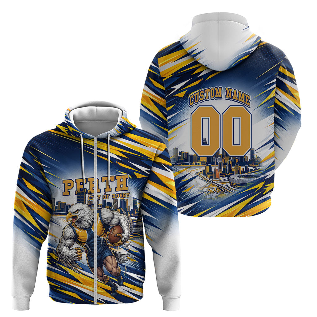 Personalised West Coast Eagles Fan Pride Zip Hoodie Muscular Eagle Mascot Graphic Art With Perth City Skyline