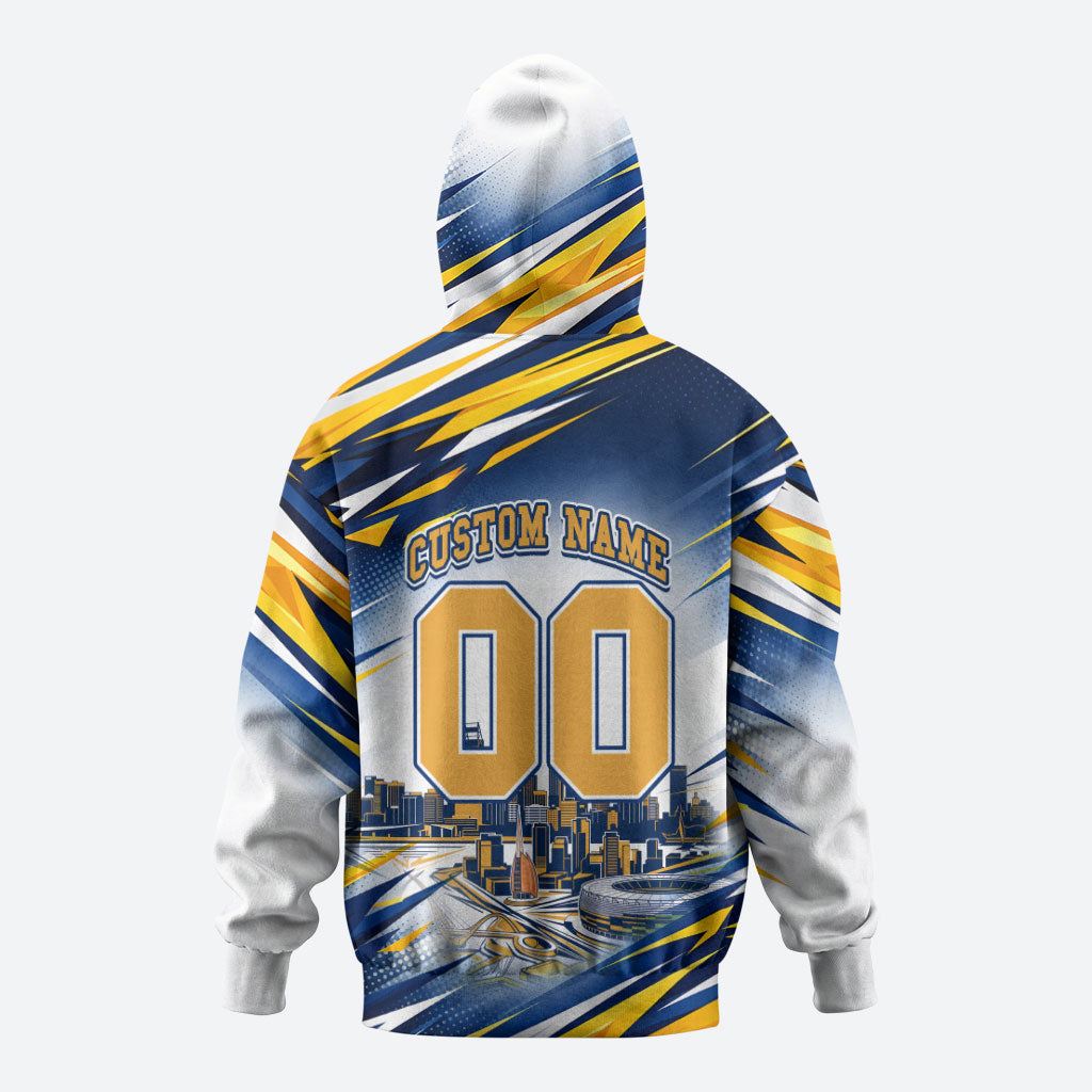 Personalised West Coast Eagles Fan Pride Zip Hoodie Muscular Eagle Mascot Graphic Art With Perth City Skyline