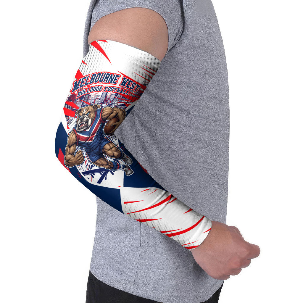Personalised Western Bulldogs Fan Pride Arm Sleeves Muscular Bulldog Mascot Graphic Art With Melbourne City Skyline