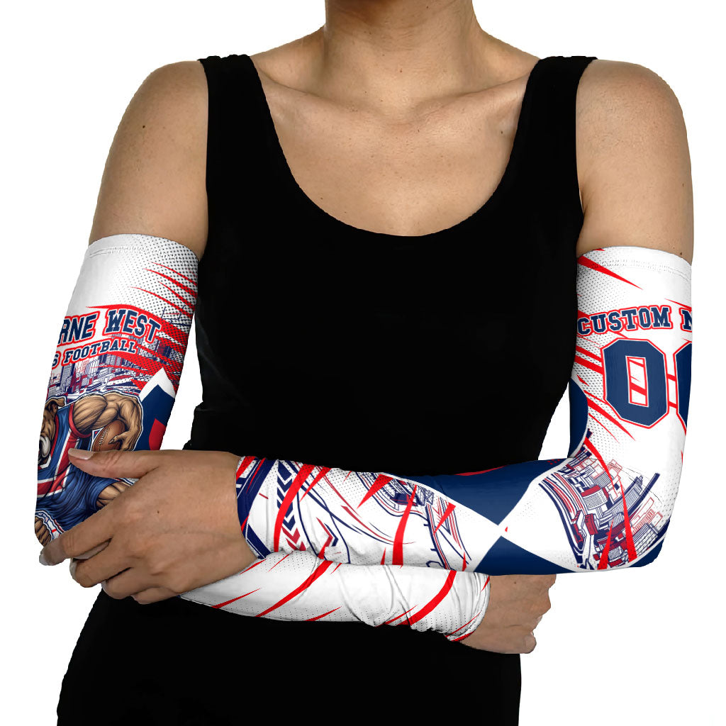 Personalised Western Bulldogs Fan Pride Arm Sleeves Muscular Bulldog Mascot Graphic Art With Melbourne City Skyline