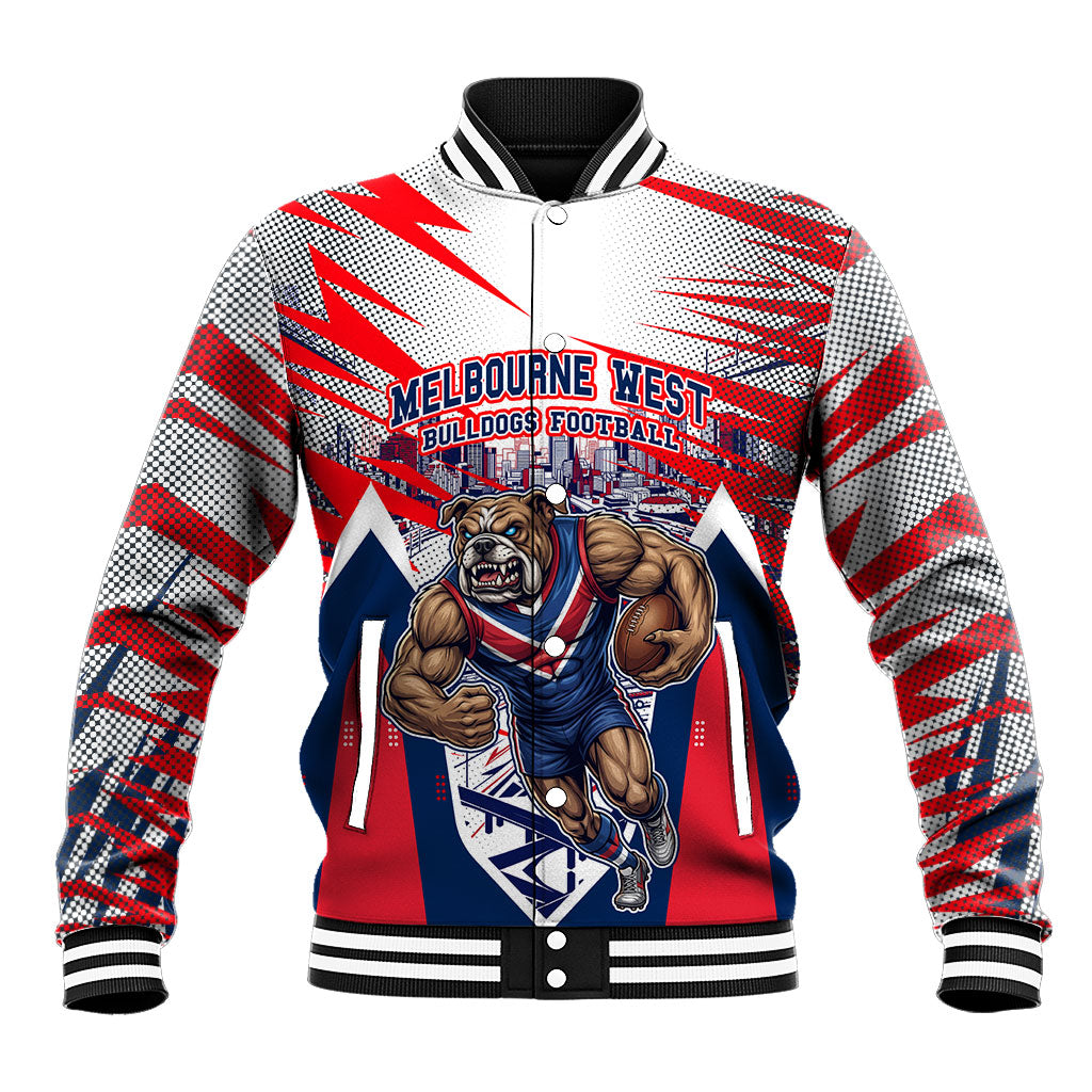 Personalised Western Bulldogs Fan Pride Baseball Jacket Muscular Bulldog Mascot Graphic Art With Melbourne City Skyline