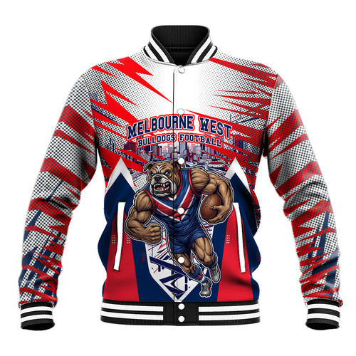 Personalised Western Bulldogs Fan Pride Baseball Jacket Muscular Bulldog Mascot Graphic Art With Melbourne City Skyline