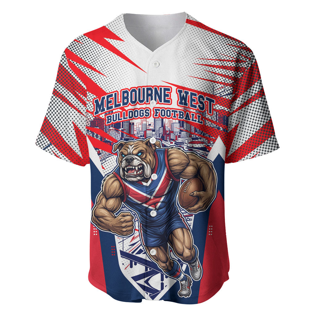 Personalised Western Bulldogs Fan Pride Baseball Jersey Muscular Bulldog Mascot Graphic Art With Melbourne City Skyline