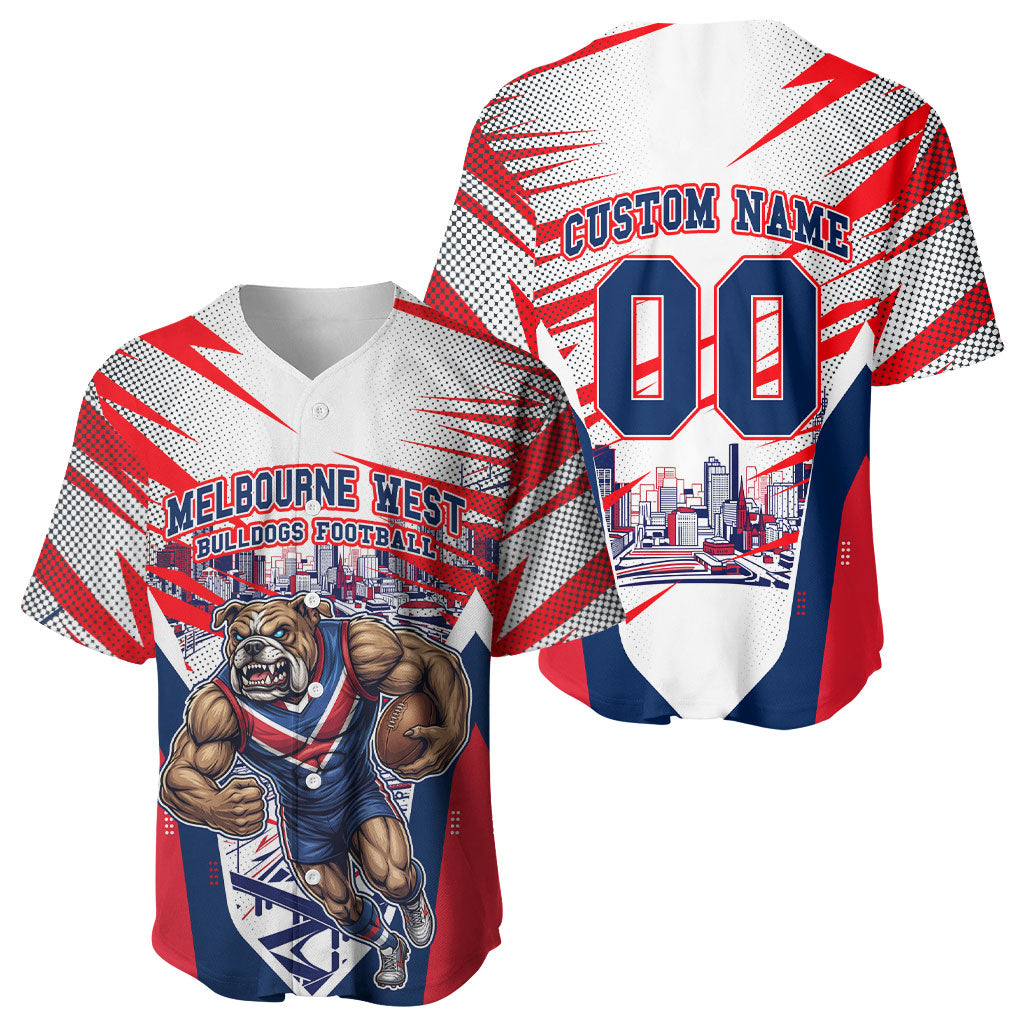 Personalised Western Bulldogs Fan Pride Baseball Jersey Muscular Bulldog Mascot Graphic Art With Melbourne City Skyline